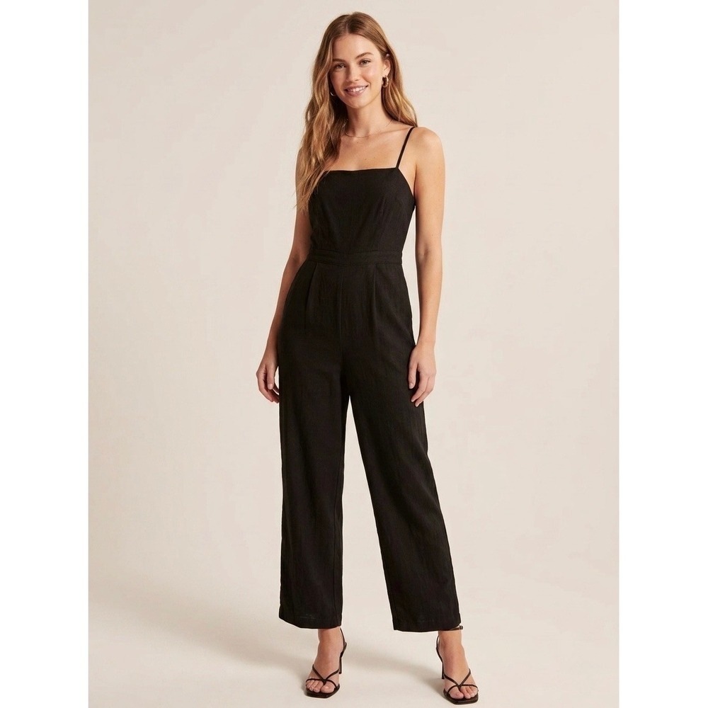 Abercrombie & Fitch Black Tie-Back Wide Leg Jumpsuit XSP Petite Square Neck